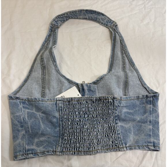 Women’s Size M Water Print Denim Halter Crop Top Zip Back Western Festival Rodeo - Picture 4 of 9